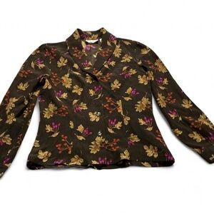 Vtg Dana Buchman Dark Brown Floral Button-Up Blouse w/ Gold & Fuchsia Sz 4